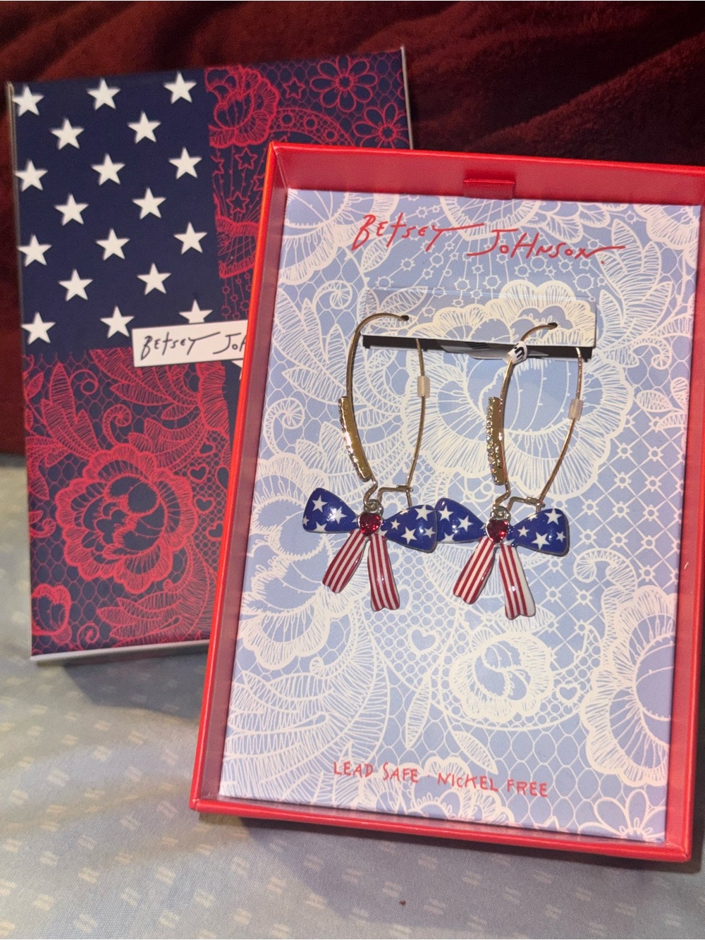 Betsey Johnson Gold Hoop Earrings with Red, White & Blue Bow Tassels